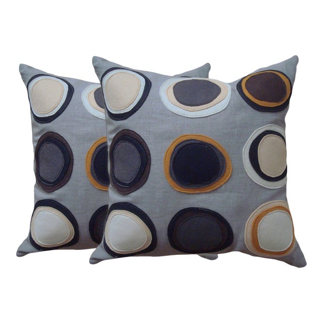 Set of 2 Mona Circles Pillows– Black, Brown & Orange Felt Appliqué on Linen For Sale