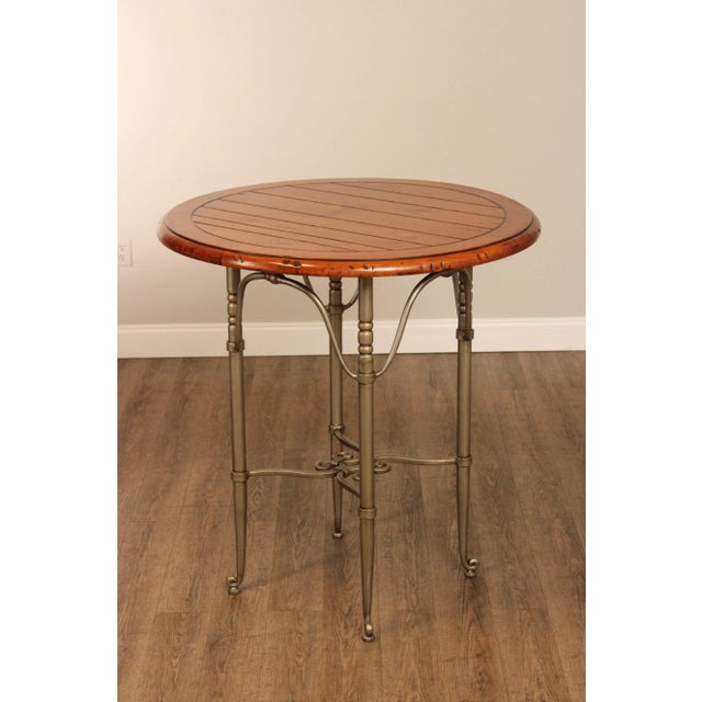 High Quality High Top Table with Round Pine Plank Top and Scrolling Metal Base