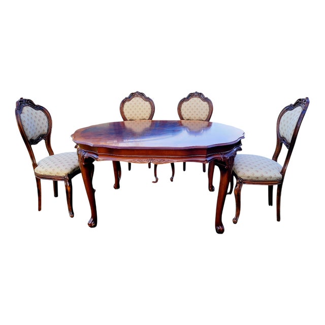 Antique Early 20th Century Louis XVI French Château Dining Room Set in Mahogany Inlaid and Walnut, Set of 5 For Sale