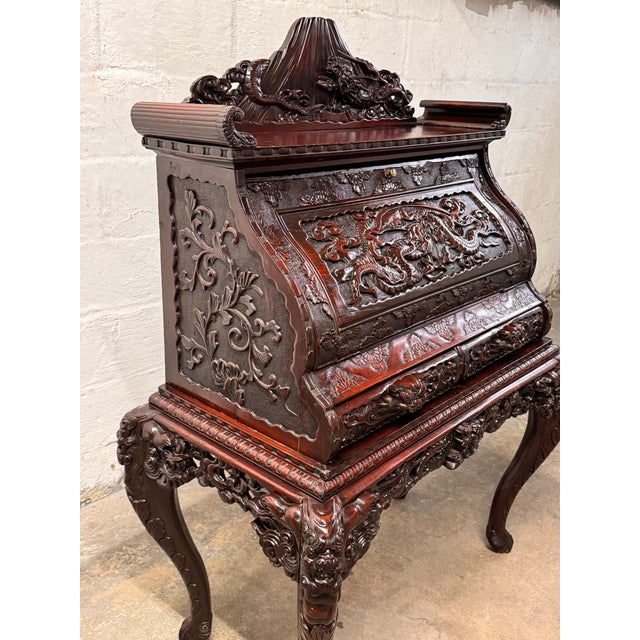 Early 20th Century Heavily Carved Japanese/Asian Secretary Desk With Volcanos and Dragons For Sale - Image 14 of 15