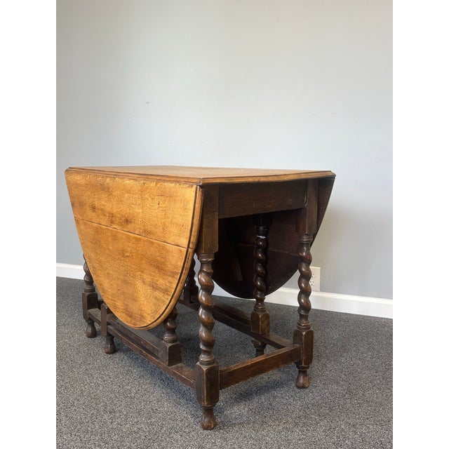 English Antique English Oak Drop Leaf Gate Leg Table With Barley Twist For Sale - Image 3 of 12