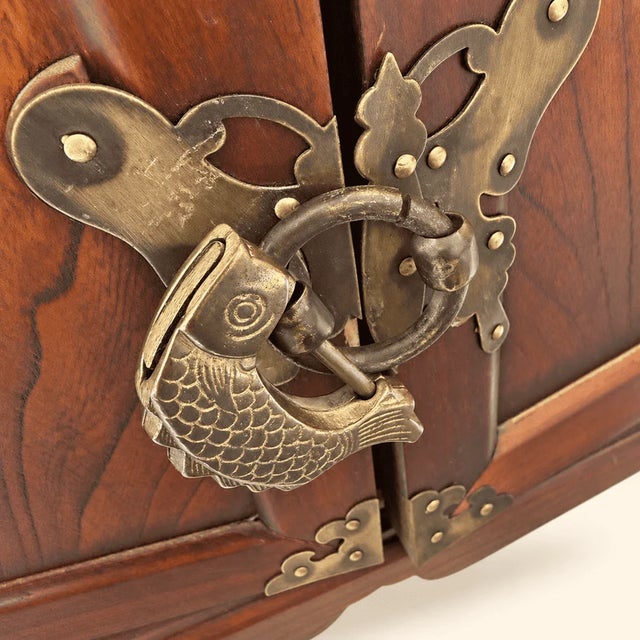 Wood Vintage Korean Elm Medicine Chest, 16 Carved Drawers, Brass Fish Lock For Sale - Image 7 of 10