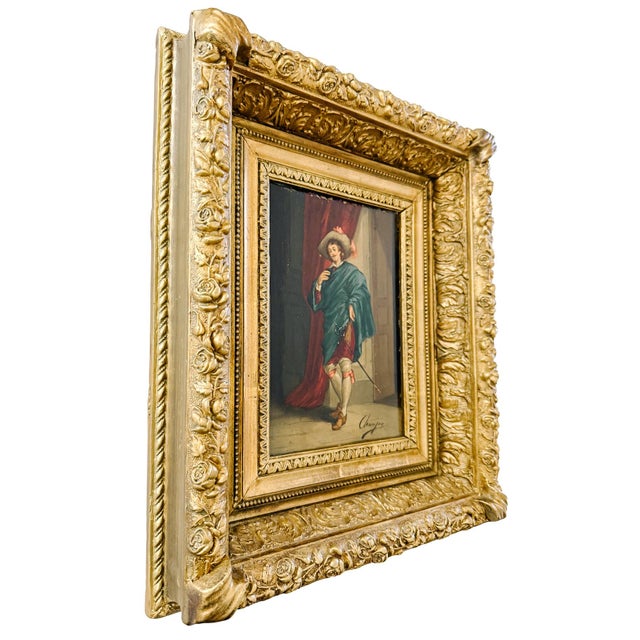 Teal 19th Century Italian Cavalier Portrait Oil Paintings in Ornate Giltwood Frames, 1850 & Signed - A Pair For Sale - Image 8 of 15