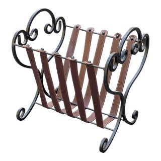 Vintage Iron & Leather Magazine Rack 16" Tall Rustic Book Holder For Sale