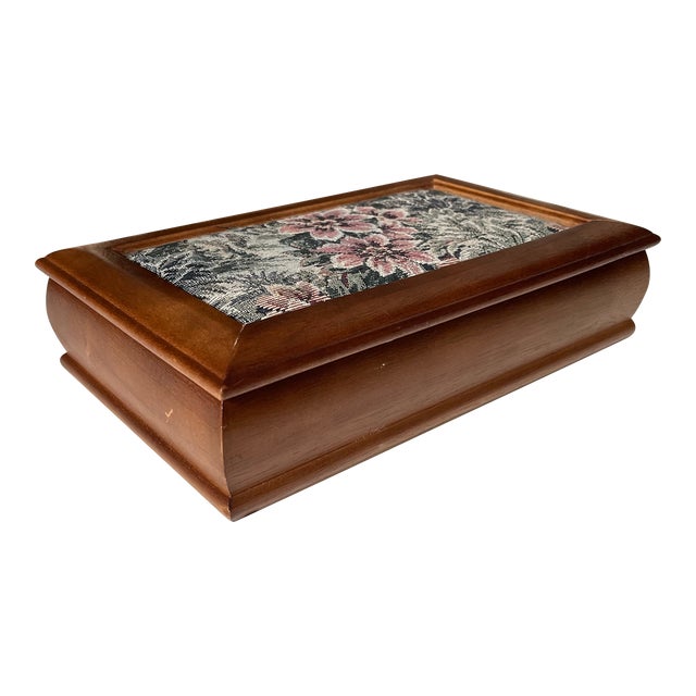 Late 20th Century Vintage Tapestry Lidded Wooden Jewelry Storage Box For Sale