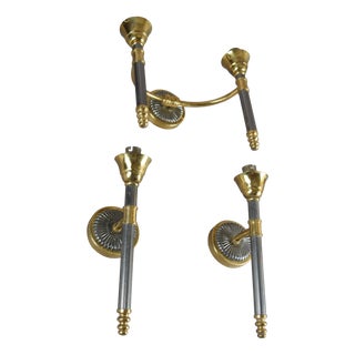 Brass and Glass Wall Lights, 1950s, Set of 3 For Sale