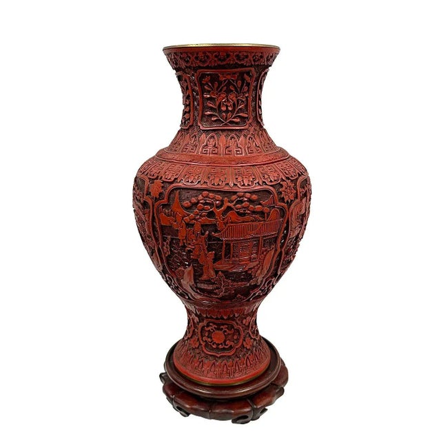 Red Mid-20th Century Chinese Hand Carved Cinnabar Vase For Sale - Image 8 of 8