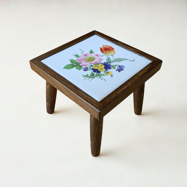 Wood Vintage Mini Flower Table with Tile Motif, 1960s For Sale - Image 7 of 7