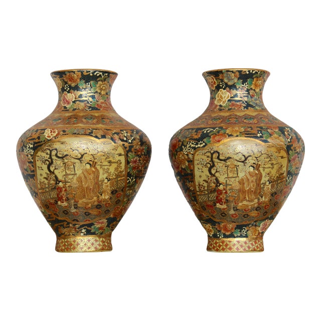 Pair of Vintage Japanese Royal Satsuma Wall Pocket Vases - Hand-Painted Porcelain Fan-Shaped With Geisha & Floral Motifs For Sale