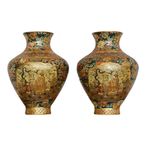 Pair of Vintage Japanese Royal Satsuma Wall Pocket Vases - Hand-Painted Porcelain Fan-Shaped With Geisha & Floral Motifs