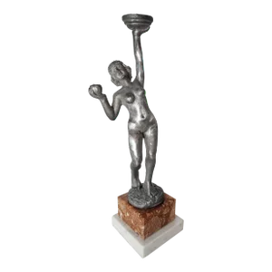 1990s Art Deco Style "Eve With Apple" Statuette Ring Caddy With Marble Two Tier Base
