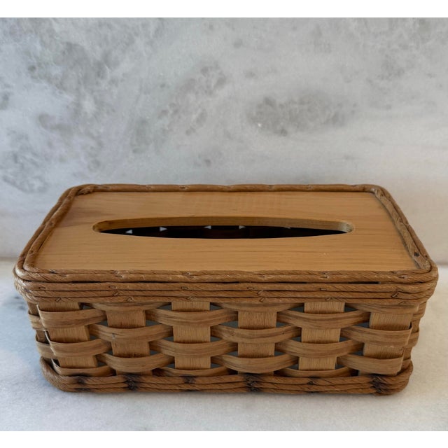 Vintage handcrafted woven splint wood and rattan tissue box cover with solid wood lid. Made in Boone, North Carolina by...