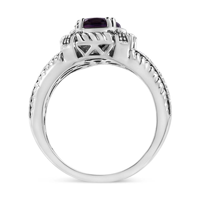 Contemporary .925 Sterling Silver Prong Set Natural Oval Shape 9X7 MM Purple Amethyst Solitaire and Diamond Accent Ring - Ring Size 5 For Sale - Image 3 of 7