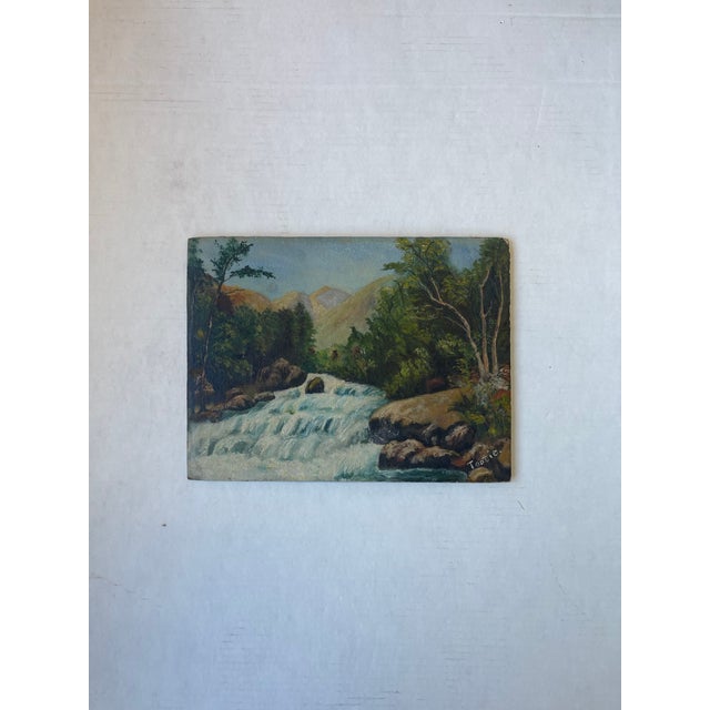 Wood Vintage Signed River Landscape Painting by Tooie-Original Mid-20th Century Mountain Stream Scene on Board. For Sale - Image 7 of 10