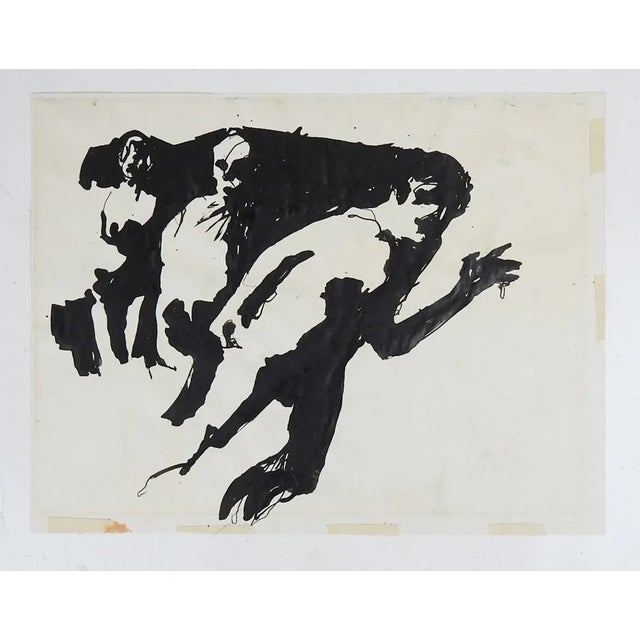 Vintage mid 20th century abstract pen and ink on paper drawing of running figures. Unsigned. Unframed, age toning, tape...