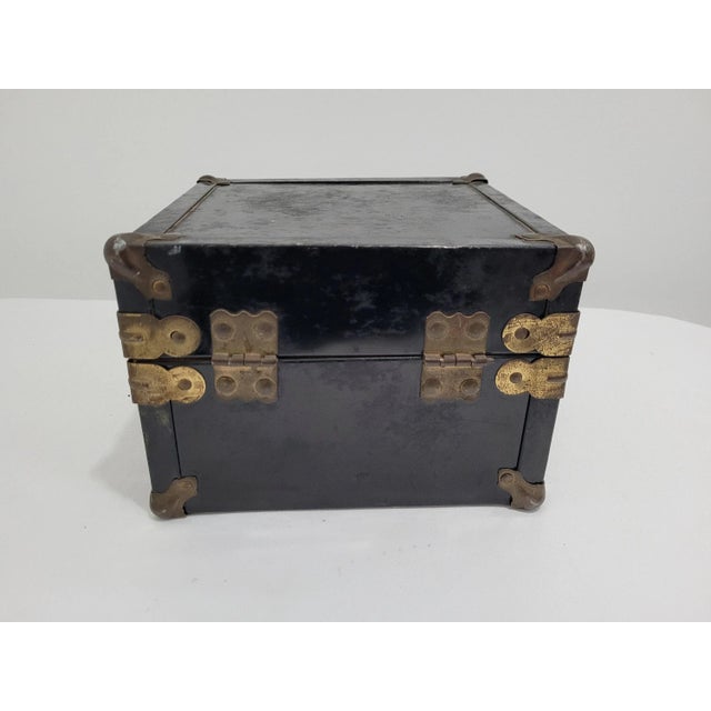Vintage Small Art Deco Black Metal Steamer Trunk Suitcase Storage Box