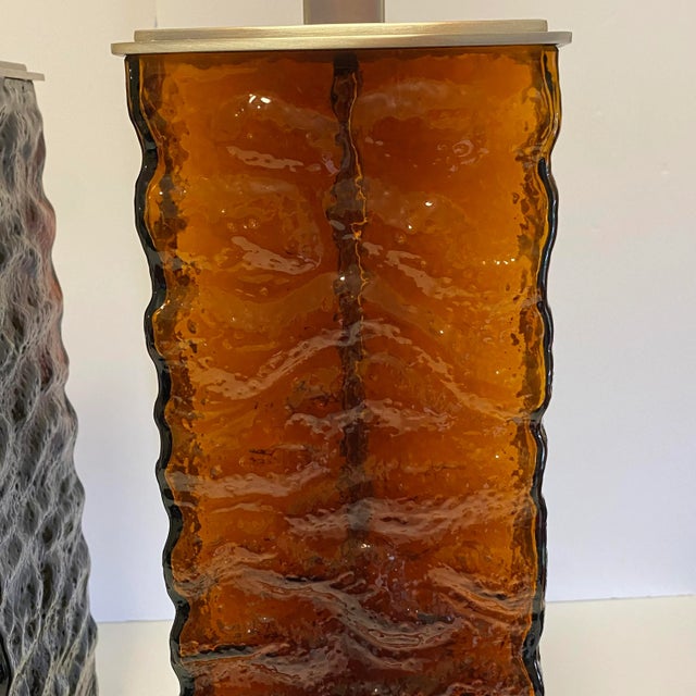 Glass Amber-Brown Textured Wavy Glass Table Lamps in the Mid-Century Modern Taste - A Pair For Sale - Image 7 of 12