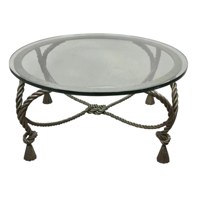 Italian Hollywood Regency Steel Knotted Rope and Tassel Round Glass Coffee Table For Sale