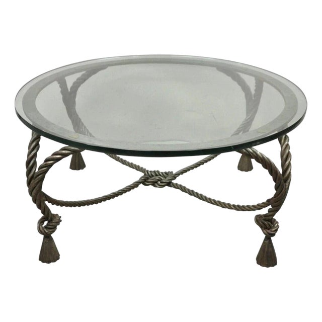 Mid 20th Century Italian Hollywood Regency Steel Knotted Rope and Tassel Round Glass Coffee Table For Sale