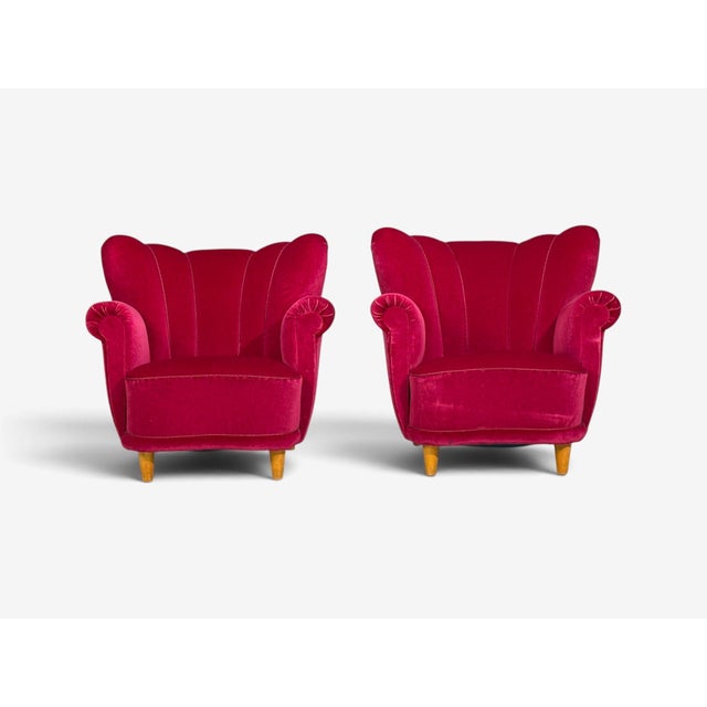 Swedish Cabinetmaker, Lounge Chairs, Red Velvet, Lacquered Wood, Sweden, 1940s For Sale - Image 4 of 13