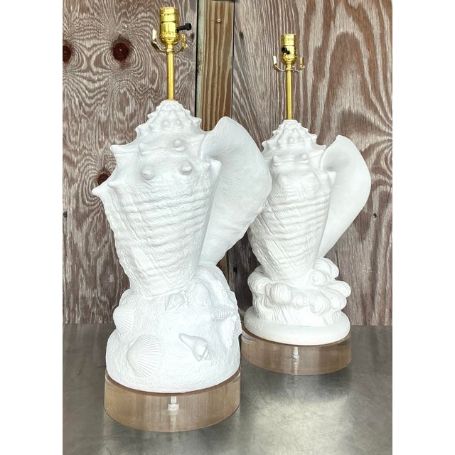 Vintage Coastal Plaster Conch Shell Lamps - Set of Two For Sale In West Palm - Image 6 of 7