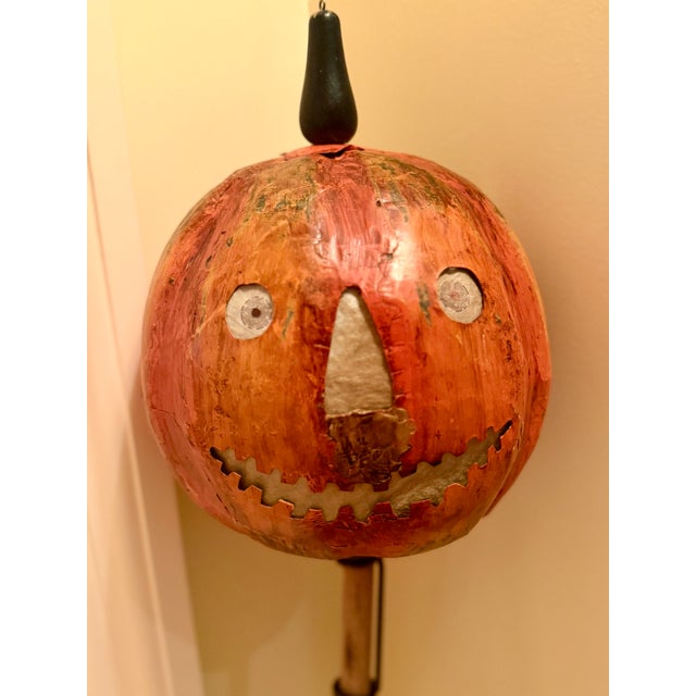 Vintage Metal Pumpkin Head Lantern on Wooden Pole For Sale - Image 4 of 12
