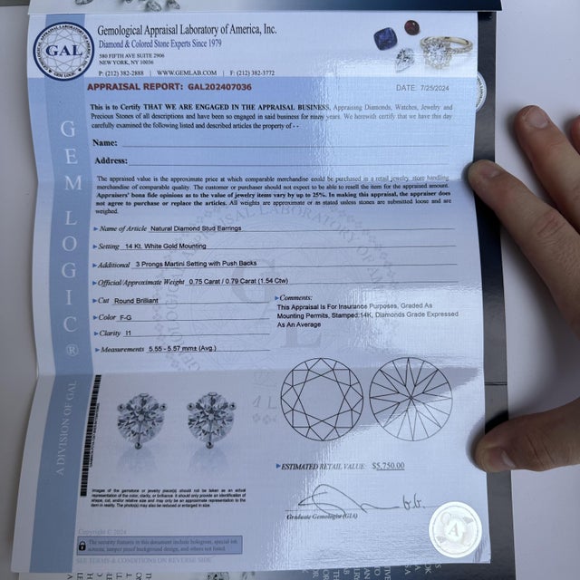 Natural Round Diamond Studs in 14kt White Gold - 1.54ctw, Appraised, New, A Pair For Sale In New York - Image 6 of 6