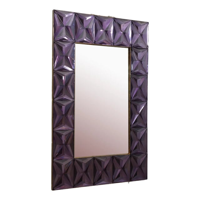Murano Strong Violet Glass and Brass Console Wall Mirror For Sale