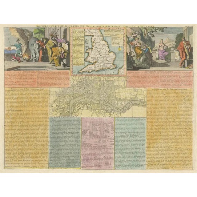 England and London Government Map with Allegorical Vignettes, ca. 1720 : This highly decorative and information-rich...