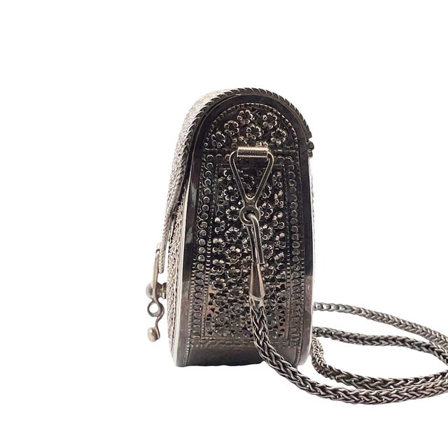 Metal Vintage Sterling Silver Floral Shoulder Purse For Sale - Image 7 of 11