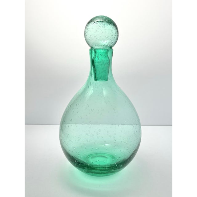 Contemporary Hand Blown Glass Bubbles Mint Forest Green Decanter & Stand For Sale - Image 4 of 12