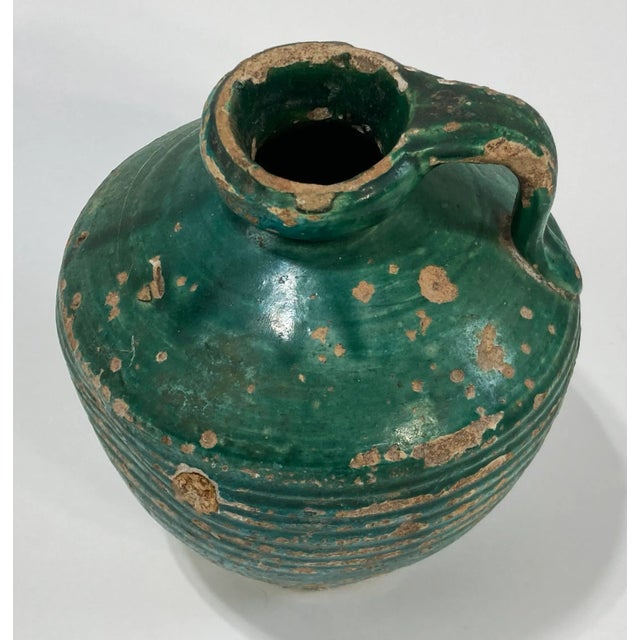Antique Distressed Terra Cotta Green Glazed Water Vessel or Oil Jug For Sale - Image 4 of 8