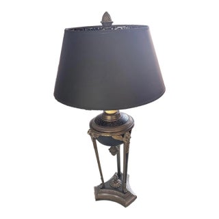 Vintage Neoclassical Black & Brass Tripod Table Lamp With Pinecone Finial For Sale