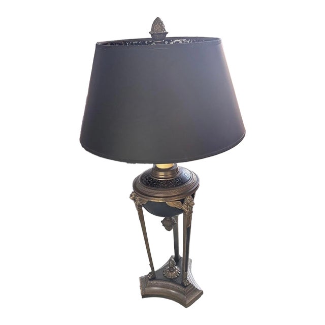 Vintage Neoclassical Black & Brass Tripod Table Lamp With Pinecone Finial For Sale