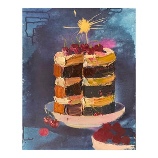 Vintage Still Life Oil Painting: Cake & Cherries, Ukrainian Art 50-40 For Sale