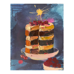 Vintage Still Life Oil Painting: Cake & Cherries, Ukrainian Art 50-40