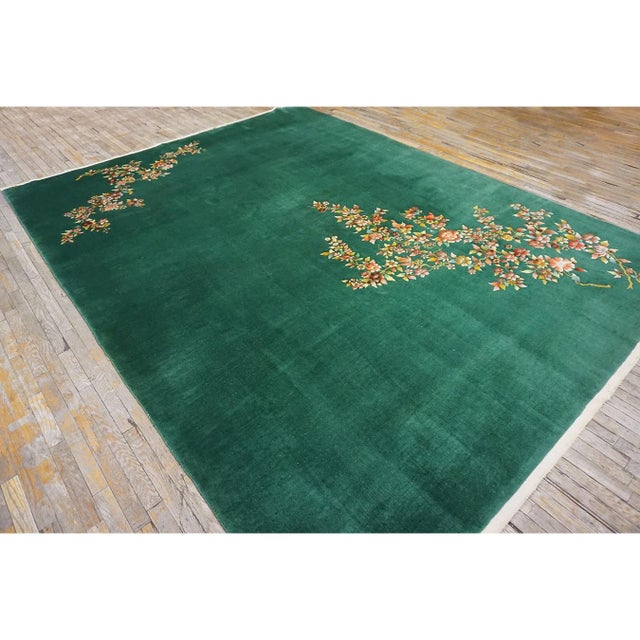 Textile Antique Green Field Chinese Room Size Knotted Wool 1930s Rectangle Art Deco Rug For Sale - Image 7 of 10