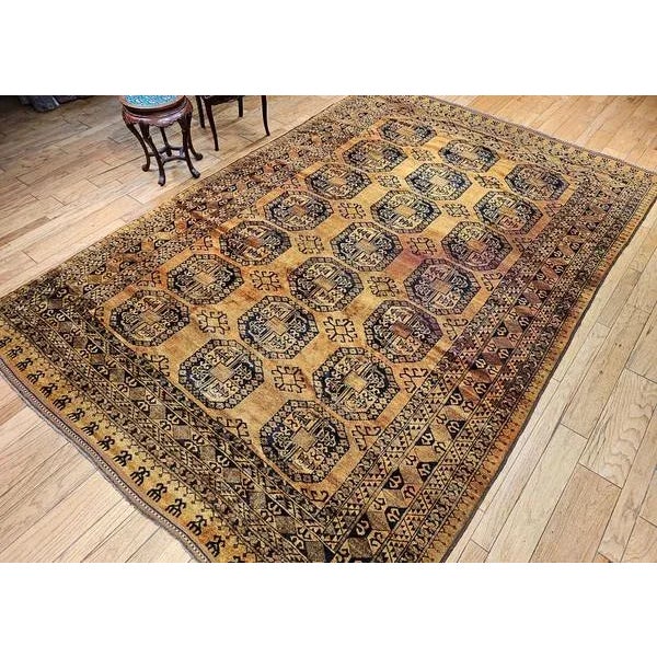 Mid 20th Century Vintage Afghan Ersari Rug, Hand-Knotted Wool, Allover Geometric Design, Camelhair & Navy, 9’ X 13’ For Sale - Image 5 of 12