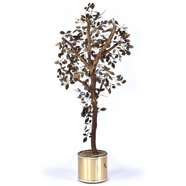 Fabulous vintage 1970s Curtis Jere style patinated brass decorative potted tree. The elegantly welded metal tree is quite...