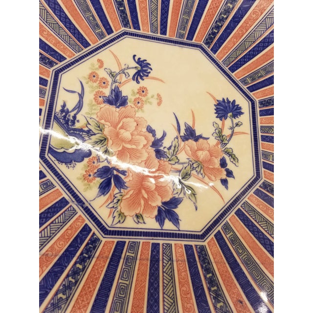 Shabby Chic Vintage Sun/Toyo Ceramic Pink Blue Floral Stripe Asian Chinoiserie DecorativePlate For Sale - Image 3 of 6