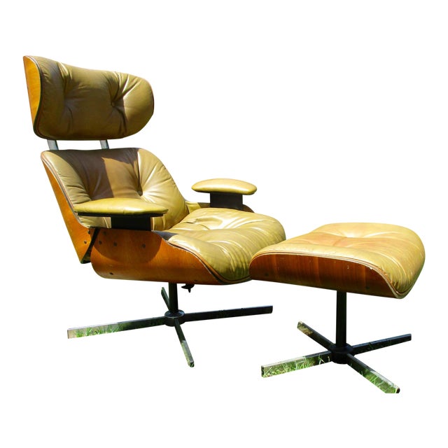 Frank Doerner Mid-Century Modern Chair & Ottoman Set Selig Plycraft Style For Sale