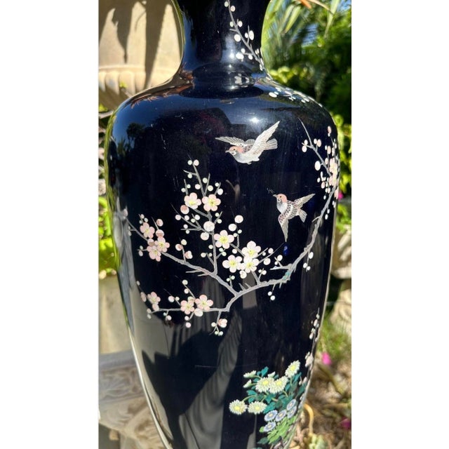 Black Late 19th Century Huge Meiji Japanese Cloisonné Black Ground Bird & Blossom Tall Table Lamp 40" For Sale - Image 8 of 18