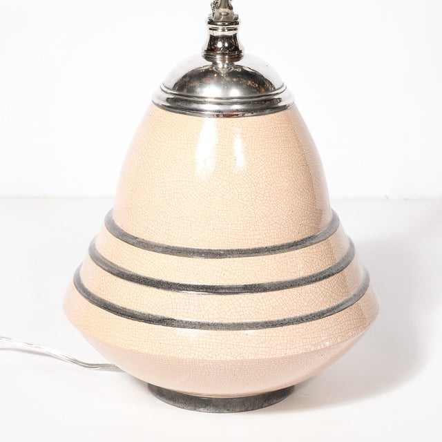 Art Deco Machine Age Craquelure Cream Ceramic Table Lamp Signed Marcel Guillard For Sale - Image 10 of 17