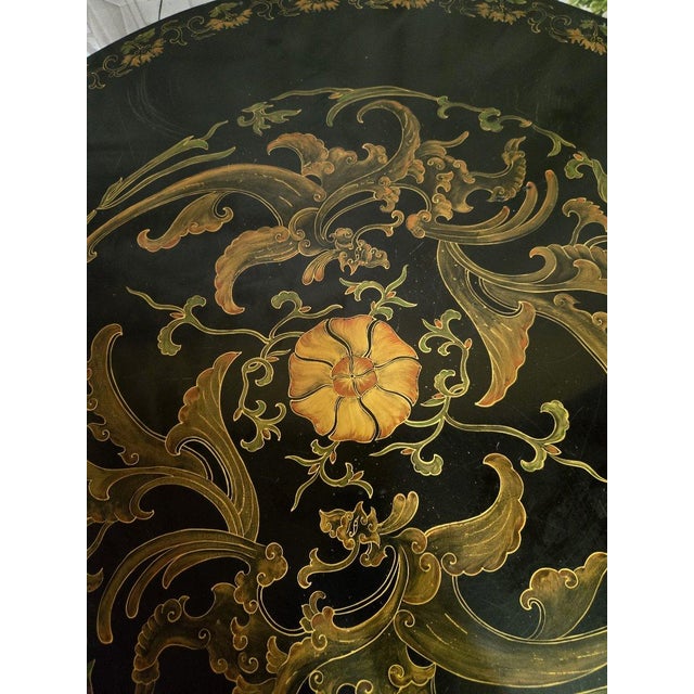 20th Century Asian Lacquered Side Table Circular top with colored floral decoration Stylized legs