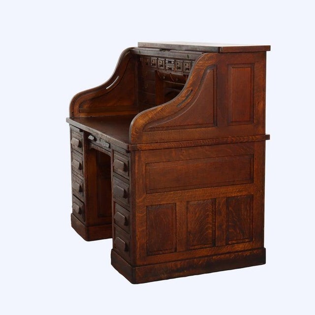 Antique Standard Raised Panel Oak S-Roll Top Desk With Full Interior C1910 For Sale - Image 6 of 10