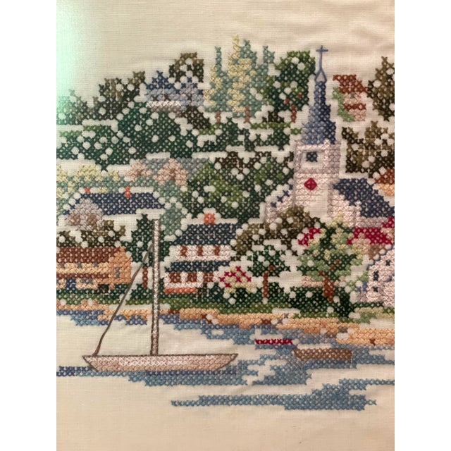 English Harbor and Village and Sailboat on the Ocean Framed Textile Art Needlepoint Cross Stitch For Sale - Image 3 of 7