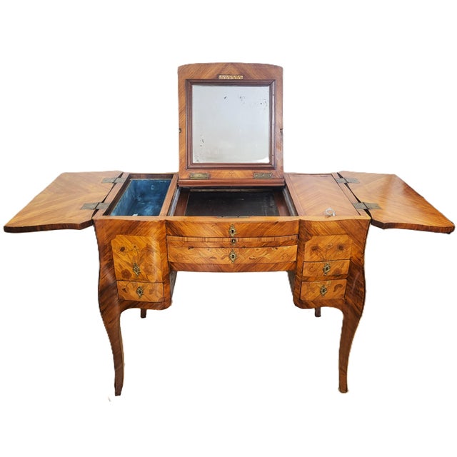 Antique French 19th C Louis XV Inlaid Tulipwood Poudre Vanity Lady Writing Desk For Sale - Image 12 of 18