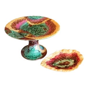 English Begonia Leaf Majolica - Compote and Dish