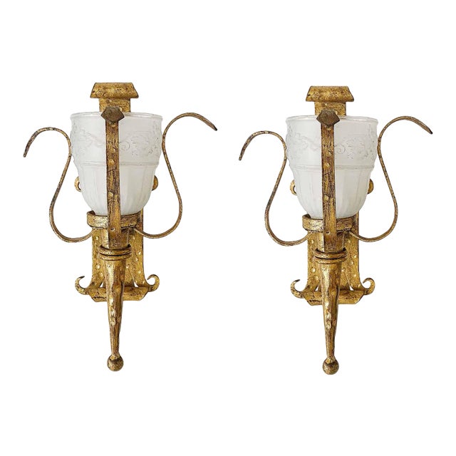 Wall Sconces - Vintage Wrought Iron With Gilt Style Finish - A Pair For Sale