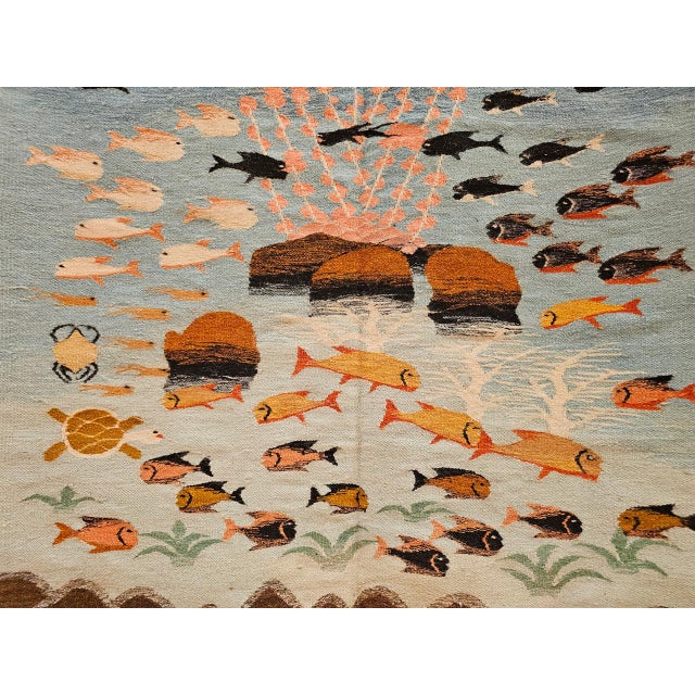 Vintage Hand-Woven Kilim Area Rug, Pictorial Ocean Scene Wall Art, 41” x 55” For Sale - Image 13 of 15